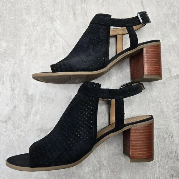 Franco Sarto Heeled Sandals Sz 8 Black Perferated Suede Dressy Block Heel Shoes - Picture 7 of 12